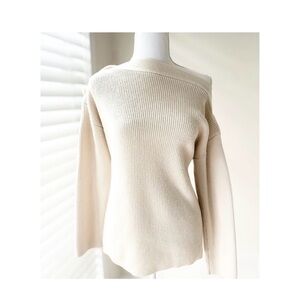 All Saints Cream Off-Shoulder Ribbed Knit Sweater